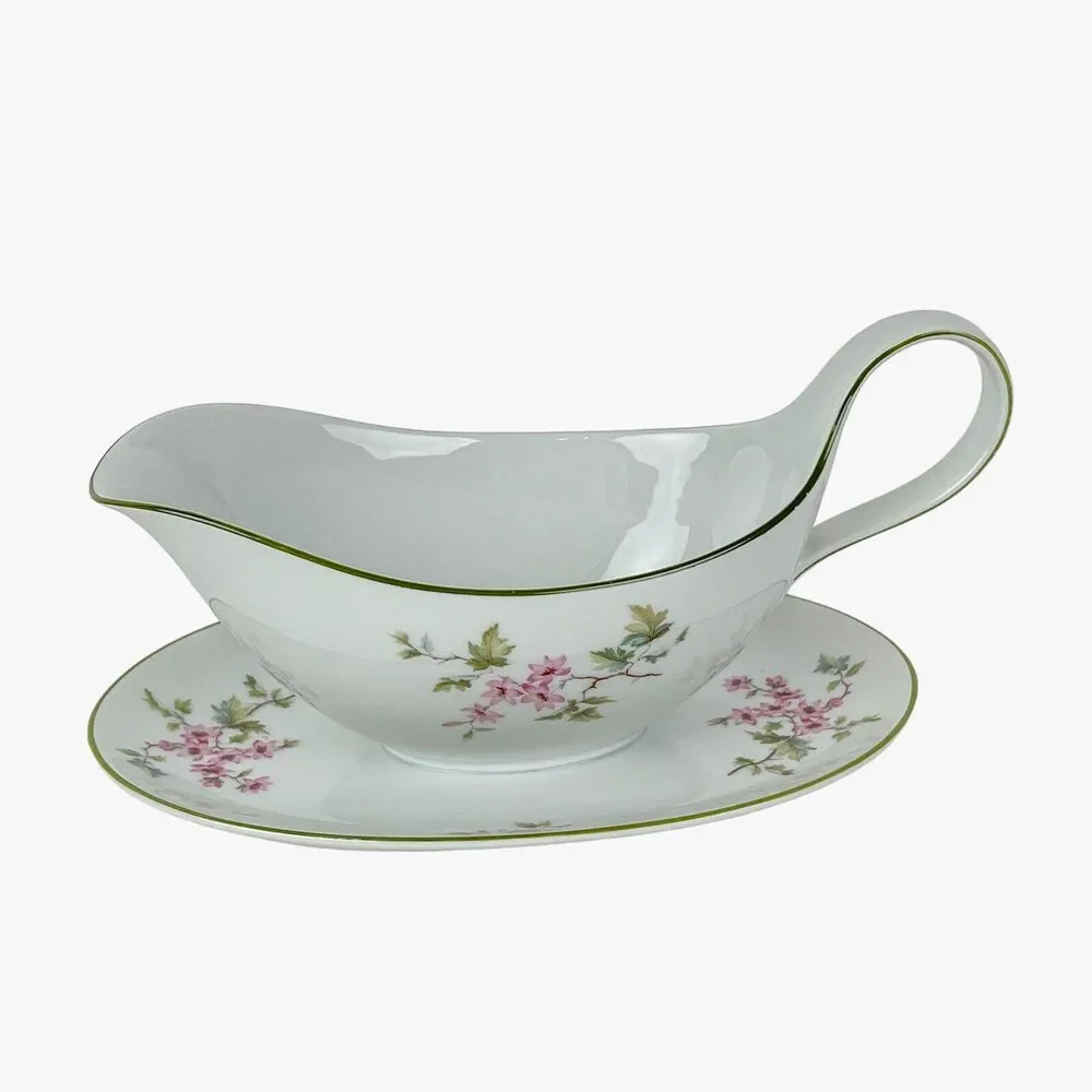 Gravy Boat Hutschenreuther Selb Bavaria Attached Underplate Handle Pink Flowers